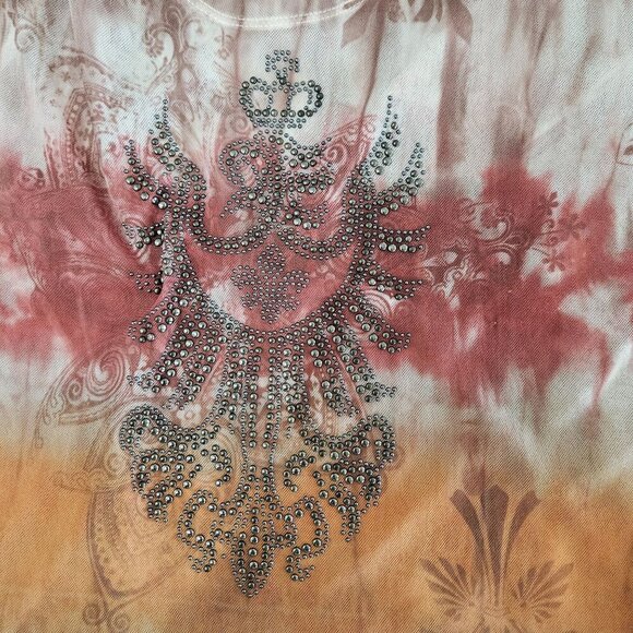 David Cline Mesh Sheer Tie-Dye Rhinestone Embellished Long Sleeve Top P Large - Picture 4 of 9